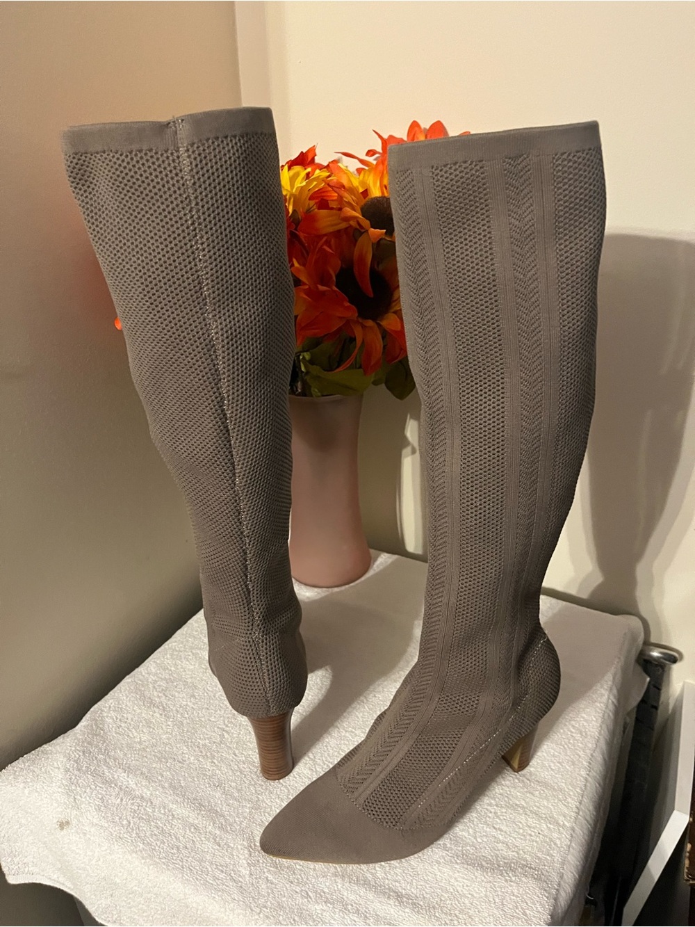 Charles by Charles David Taupe Knit Over-the-Knee Pointed Toe Boots